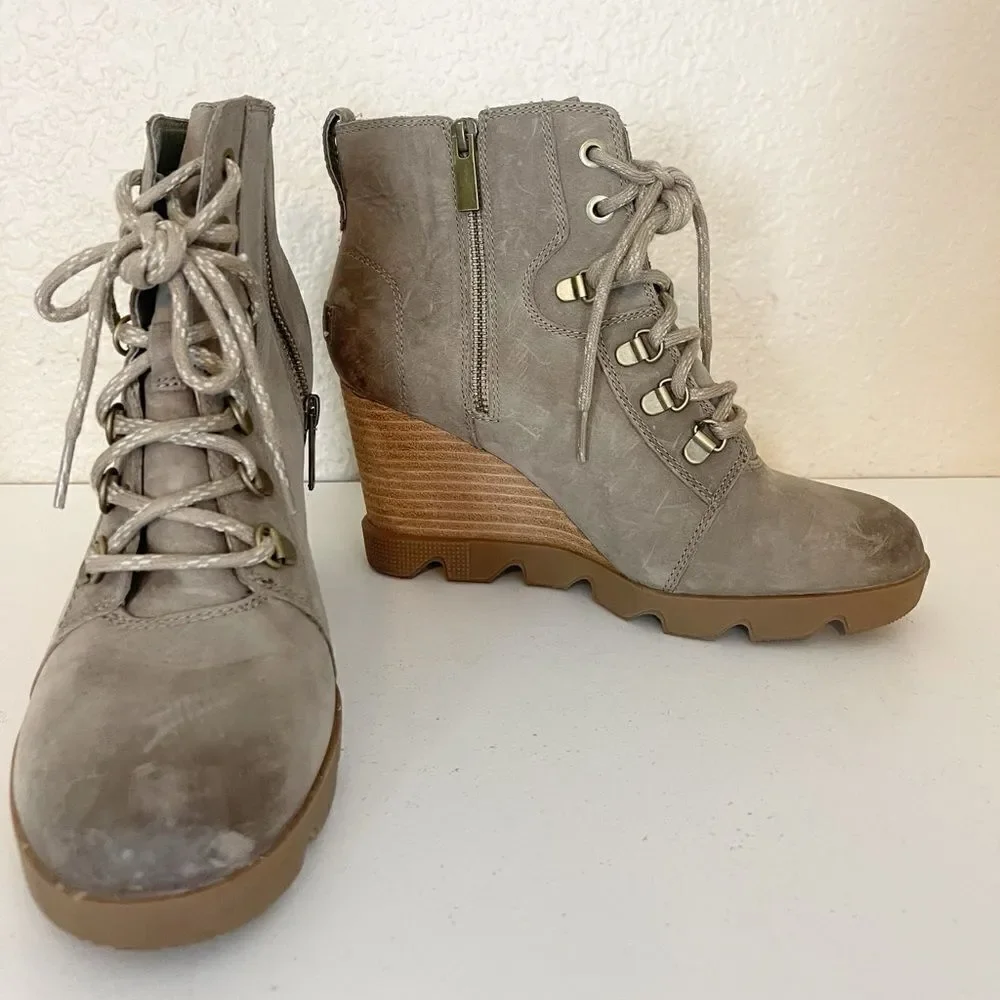 Sorel Joan Uptown Waterproof Wedge Bootie in mushroom. 8.5
